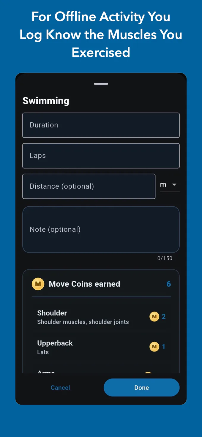 Activity log for recording a swim and the muscles exercised