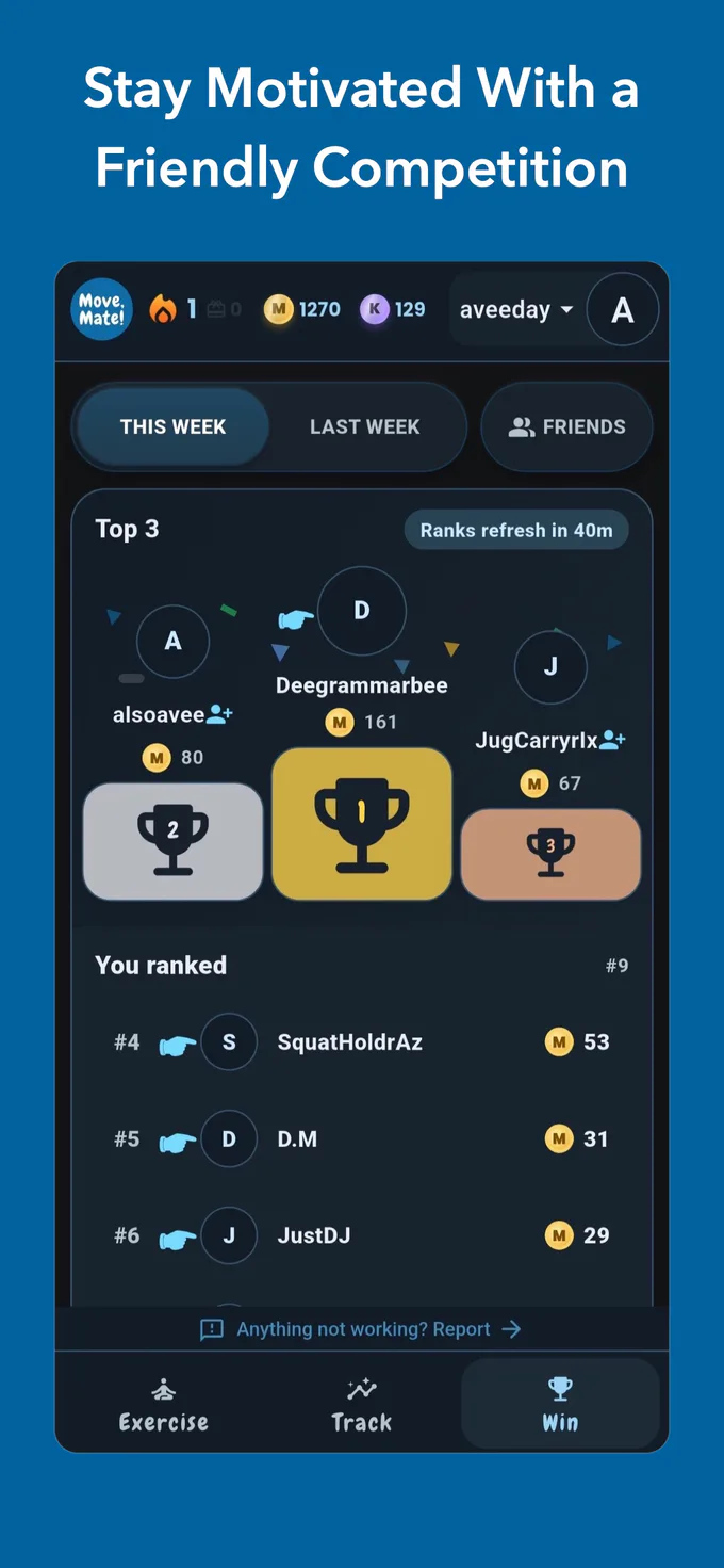 Win page showing friendly weekly competition with Movemates