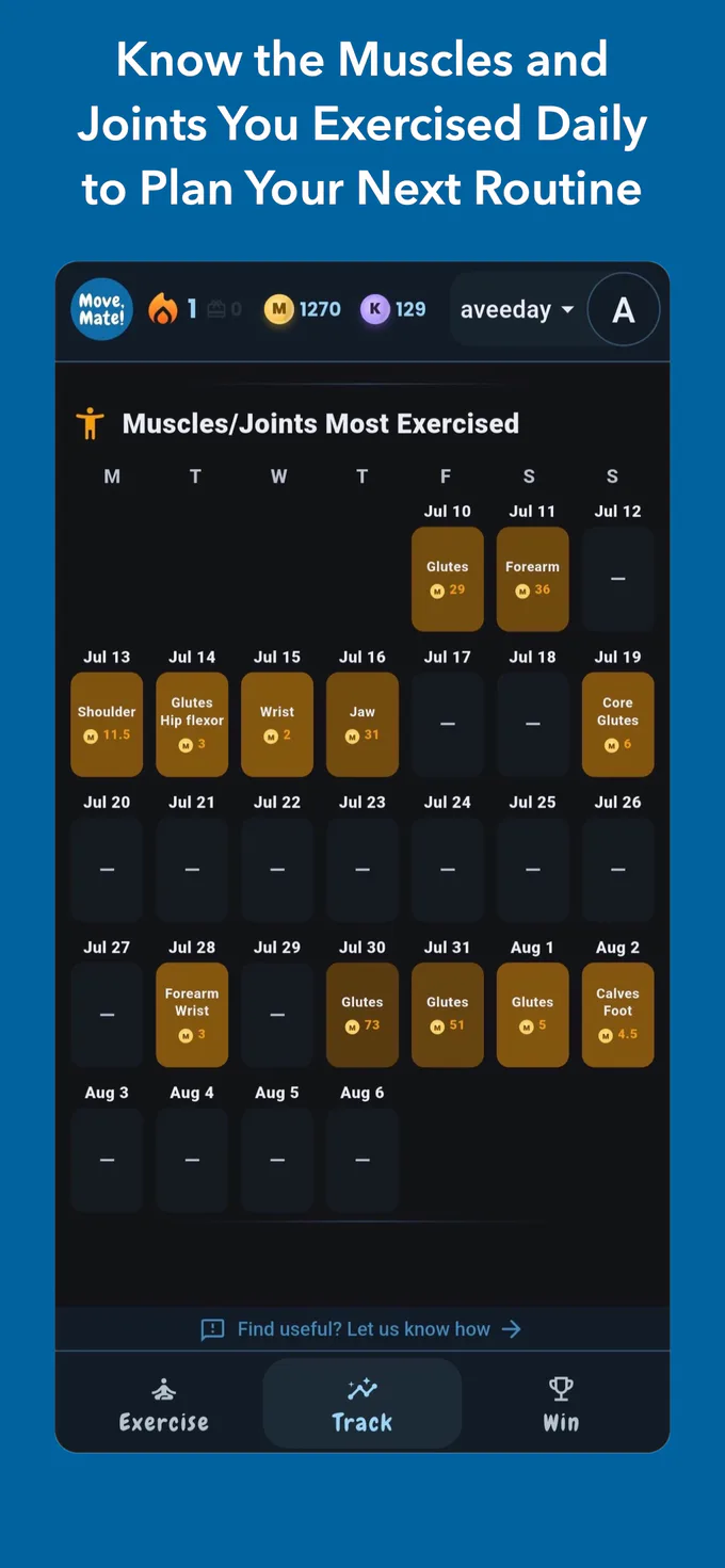 Track page showing the muscles and joints exercised each day